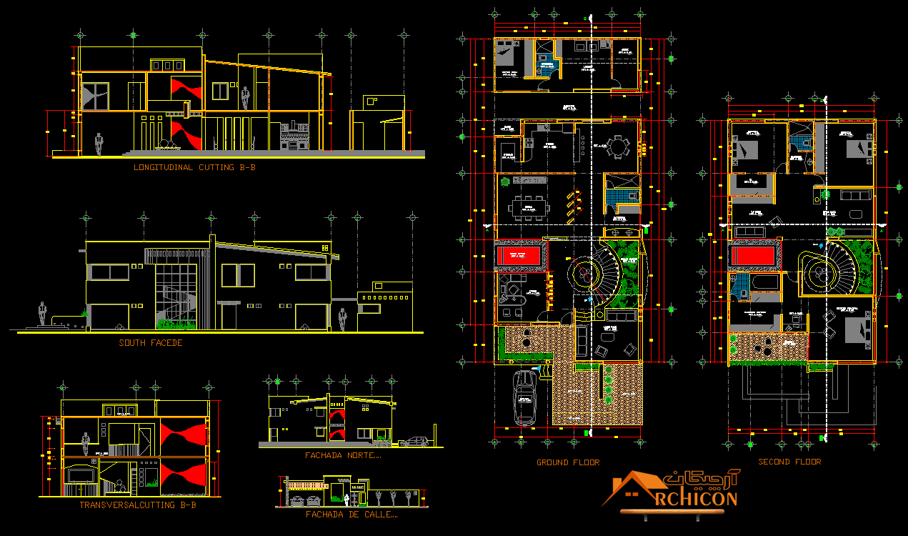 نقشه ساختمان مسکونی دو طبقه ویلایی